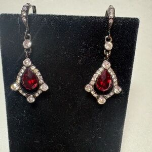 Givenchy Designer Costume Crystal Ruby Dangle Earrings in Blackened Metal